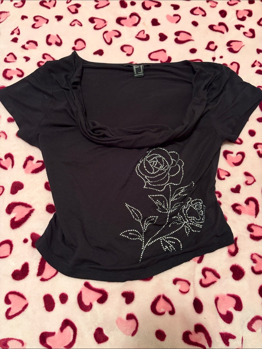 Forever 21 Black Short-Sleeve Scoop Neck Top with Rhinestone Rose